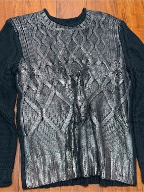 Narciso Rodriguez Black and Silver Metallic Cable Knit Sweater